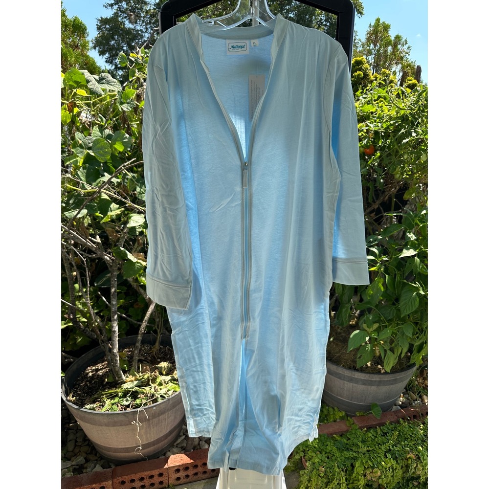 National Light Blue Zip Front Knit Lounger House Dress 3/4 Sleeve 23460LBL PL